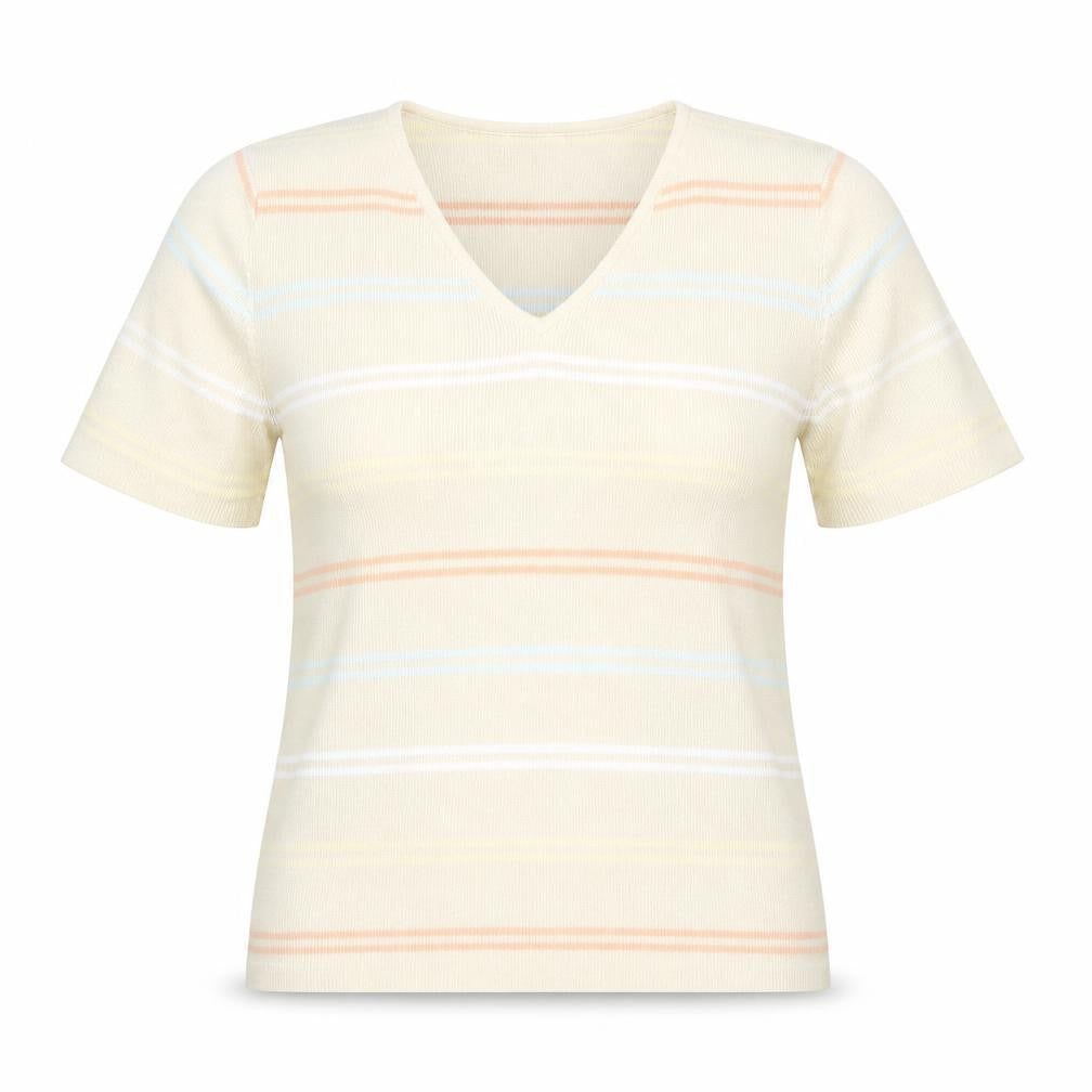 BHS Womens Beige V-Neck Striped Cotton Pullover Jumper Size 14
