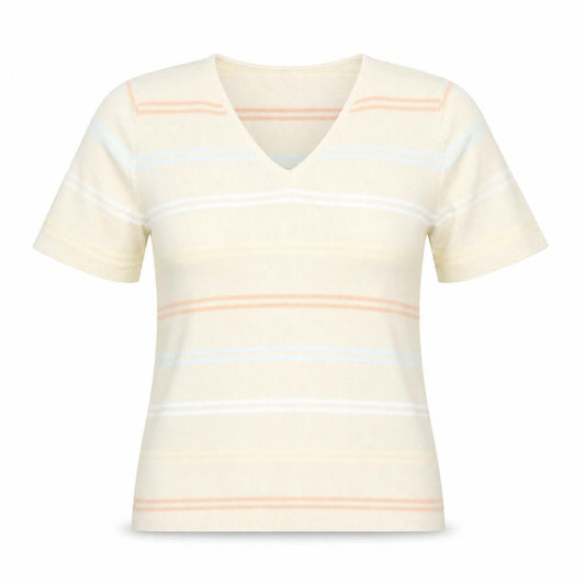 BHS Womens Beige V-Neck Striped Cotton Pullover Jumper Size 14