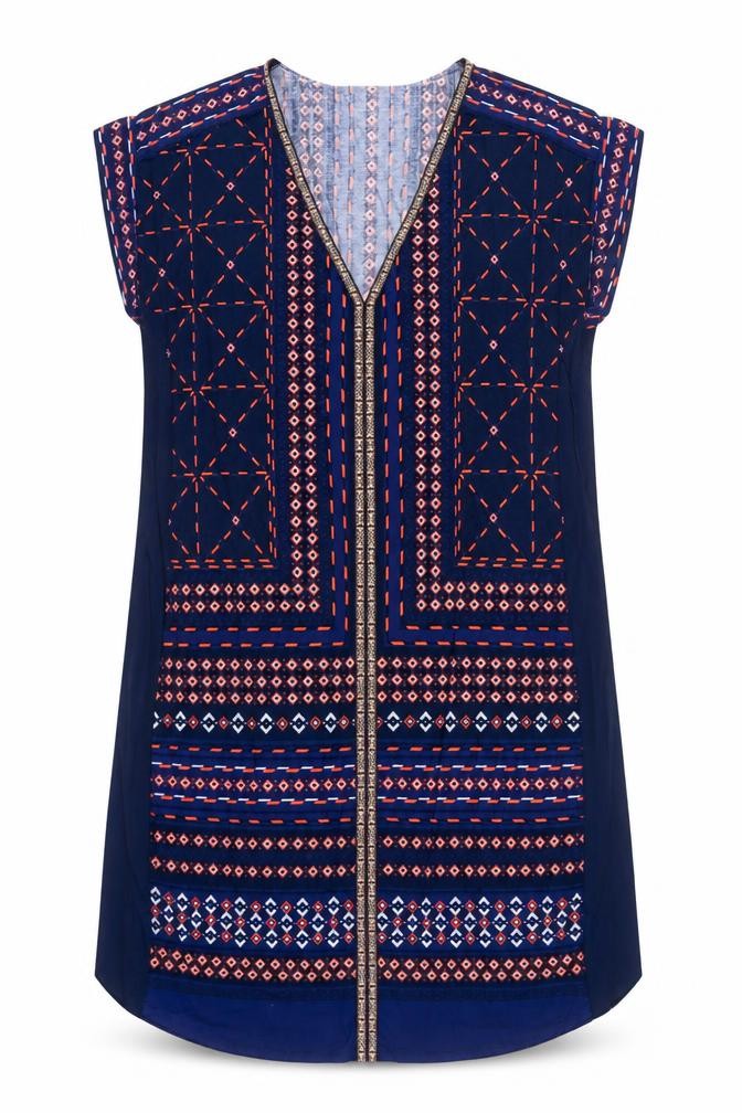 Oasis Womens Blue Geometric Viscose Shift Size M V-Neck Pullover