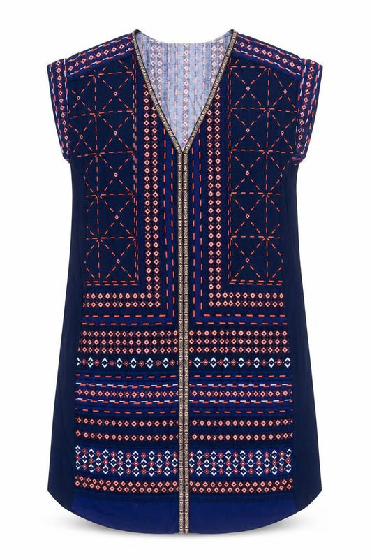 Oasis Womens Blue Geometric Viscose Shift Size M V-Neck Pullover