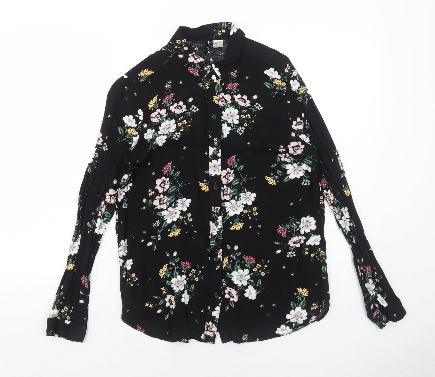 H&M Womens Black Floral Viscose Basic Button-Up Size 6 Collared
