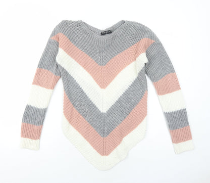 Select Womens Grey Round Neck Striped Acrylic Pullover Jumper Size S
