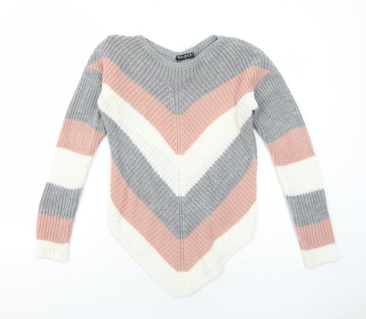 Select Womens Grey Round Neck Striped Acrylic Pullover Jumper Size S
