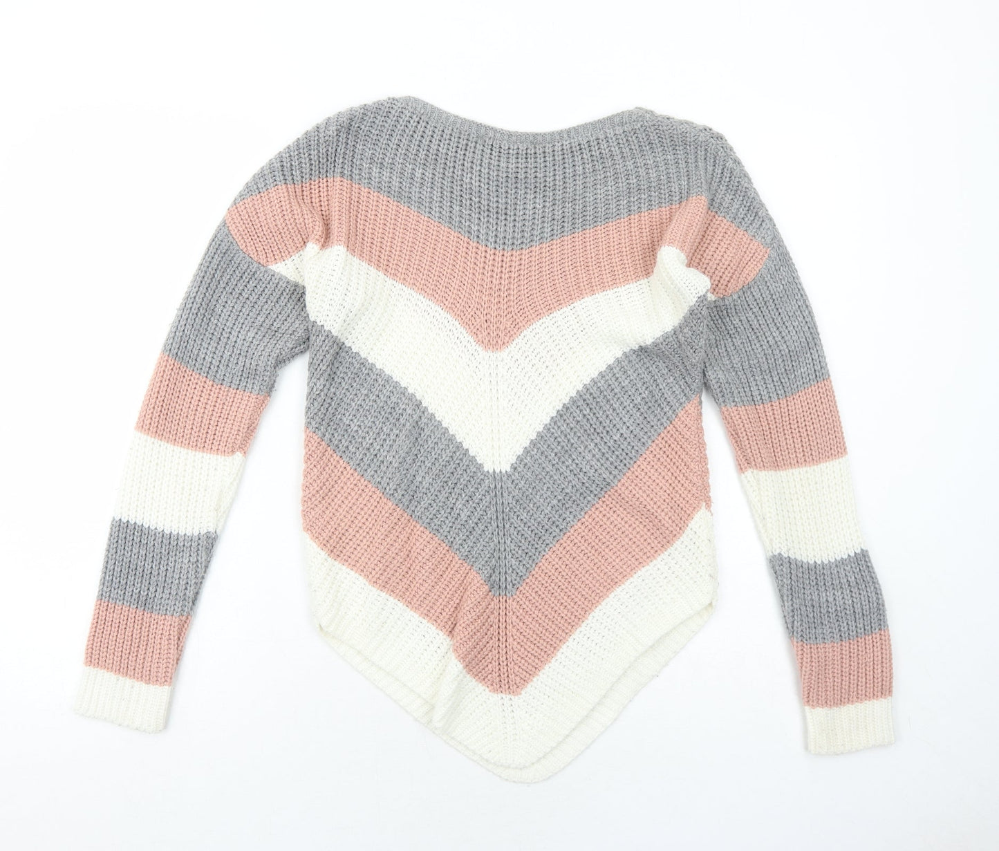 Select Womens Grey Round Neck Striped Acrylic Pullover Jumper Size S
