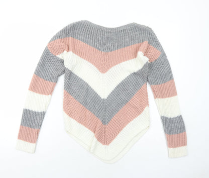 Select Womens Grey Round Neck Striped Acrylic Pullover Jumper Size S