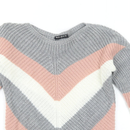Select Womens Grey Round Neck Striped Acrylic Pullover Jumper Size S