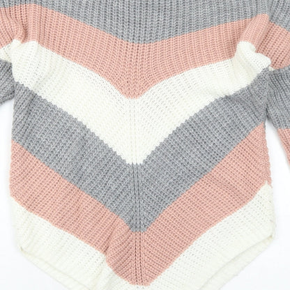 Select Womens Grey Round Neck Striped Acrylic Pullover Jumper Size S