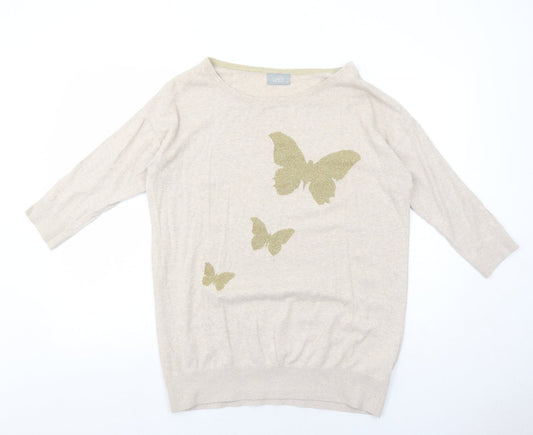 Wallis Womens Beige Round Neck Cotton Pullover Jumper Size M - Butterfly