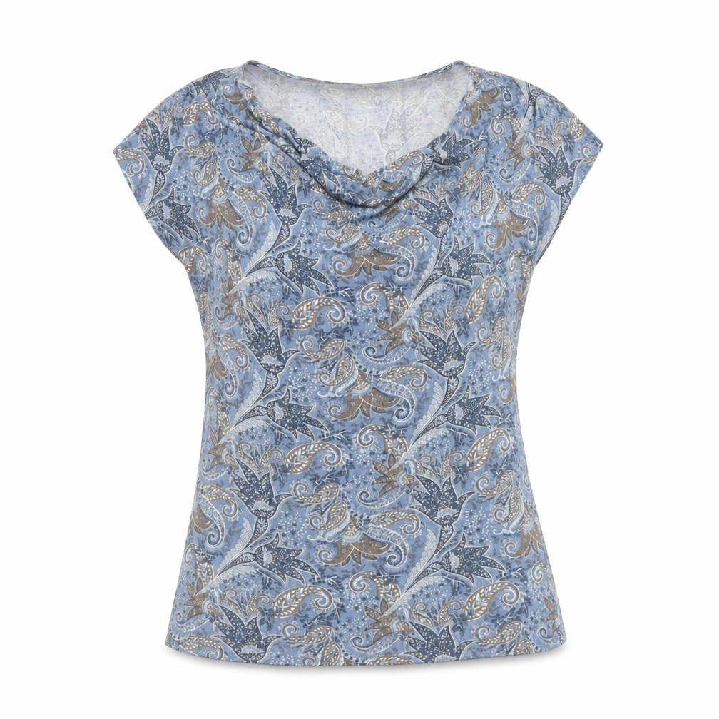 RESERVED Womens Blue Paisley Viscose Basic T-Shirt Size XL Cowl Neck