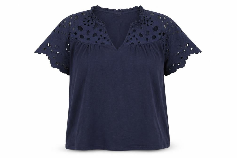 Julipa Womens Blue Cotton Basic Blouse Size 12 V-Neck - Broderie Anglaise