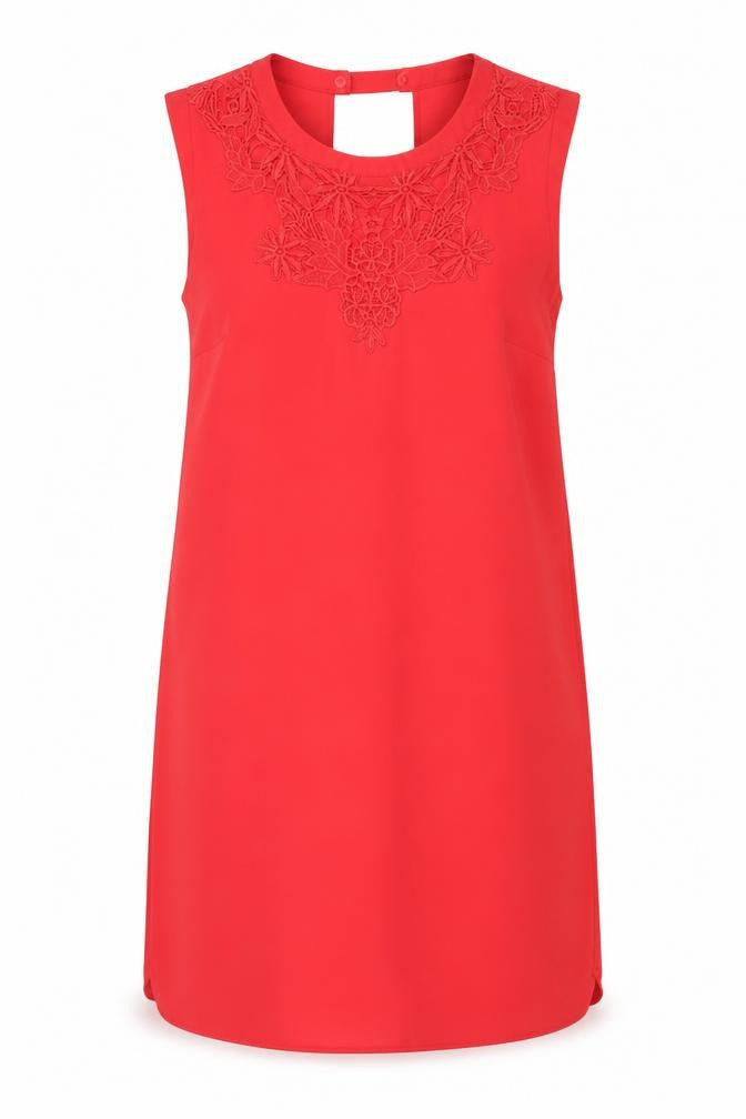 Oasis Womens Red Polyester Shift Size 12 Boat Neck Button - Crocheted Lace Detail