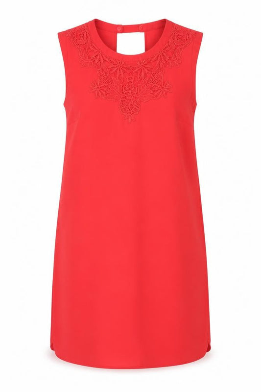 Oasis Womens Red Polyester Shift Size 12 Boat Neck Button - Crocheted Lace Detail
