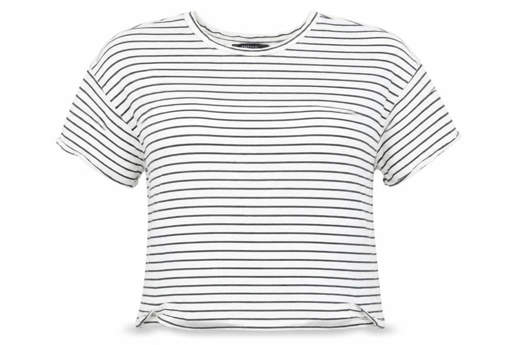 FOREVER 21 Womens White Striped Cotton Basic T-Shirt Size S Round Neck