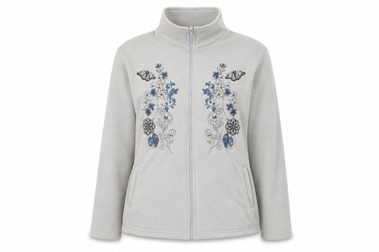 Front view of Anne De Lancay women’s grey jacket, size L, zip - flower detail