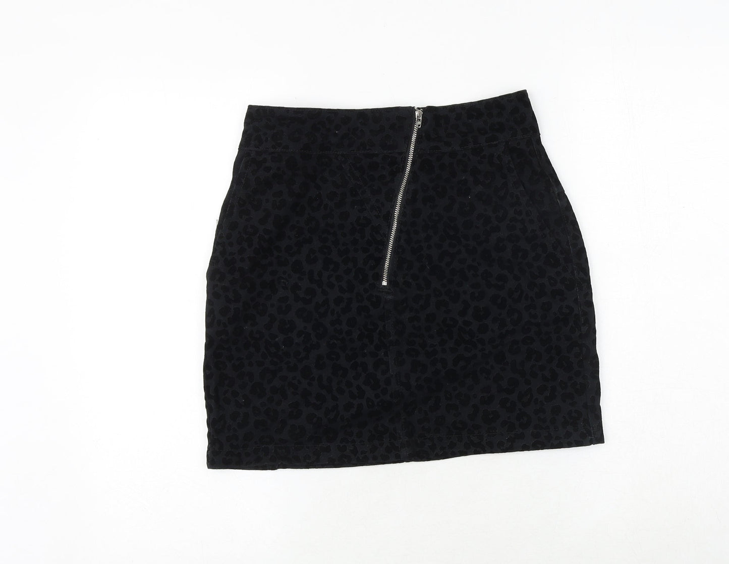 Topshop Womens Black Animal Print Polyester A-Line Skirt Size 8 Zip - Leopard Pattern