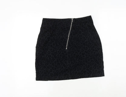 Topshop Womens Black Animal Print Polyester A-Line Skirt Size 8 Zip - Leopard Pattern