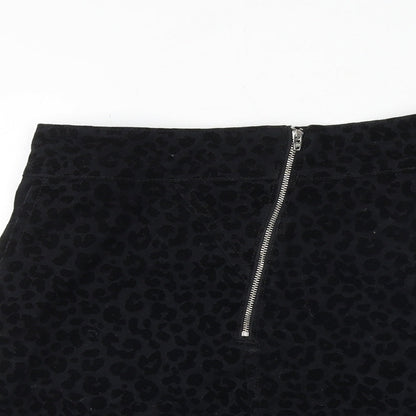 Topshop Womens Black Animal Print Polyester A-Line Skirt Size 8 Zip - Leopard Pattern