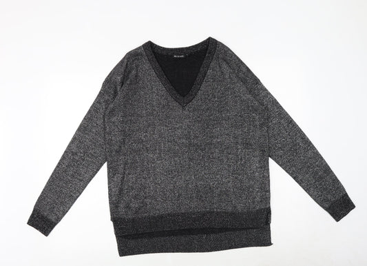 Brave Soul Womens Black V-Neck Geometric Acrylic Pullover Jumper Size 12