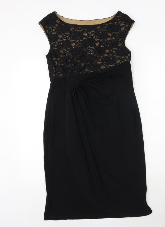 Connected Womens Black Nylon Pencil Dress Size 8 Boat Neck Pullover - Lace Detail