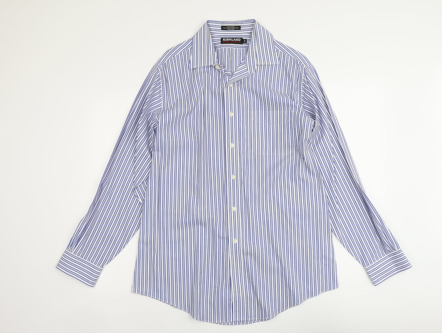 Kirkland Mens Blue Striped Polyester Button-Up Size 16 Collared Button