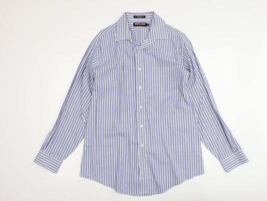 Kirkland Mens Blue Striped Polyester Button-Up Size 16 Collared Button