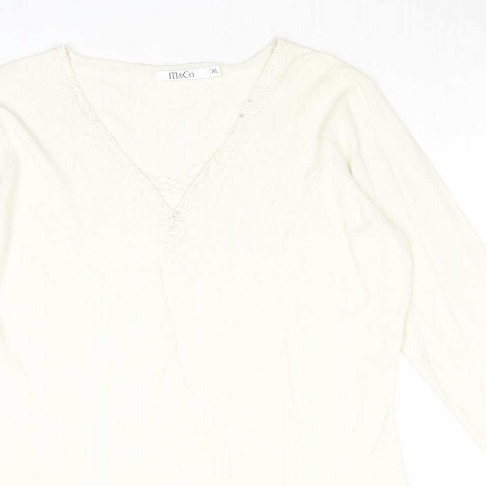 M&Co Womens Ivory V-Neck Viscose Pullover Jumper Size XL