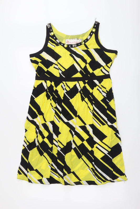 River Island Womens Yellow Geometric Cotton Tank Dress Size 12 Round Neck Zip