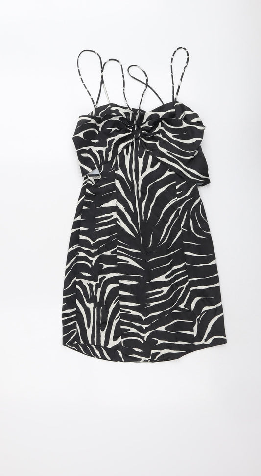 Zara Womens Black Animal Print Polyester A-Line Size XS V-Neck Zip - Zebra Pattern