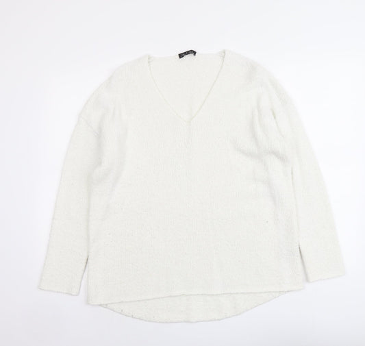 Micha Lounge Womens White V-Neck Acrylic Pullover Jumper Size XS