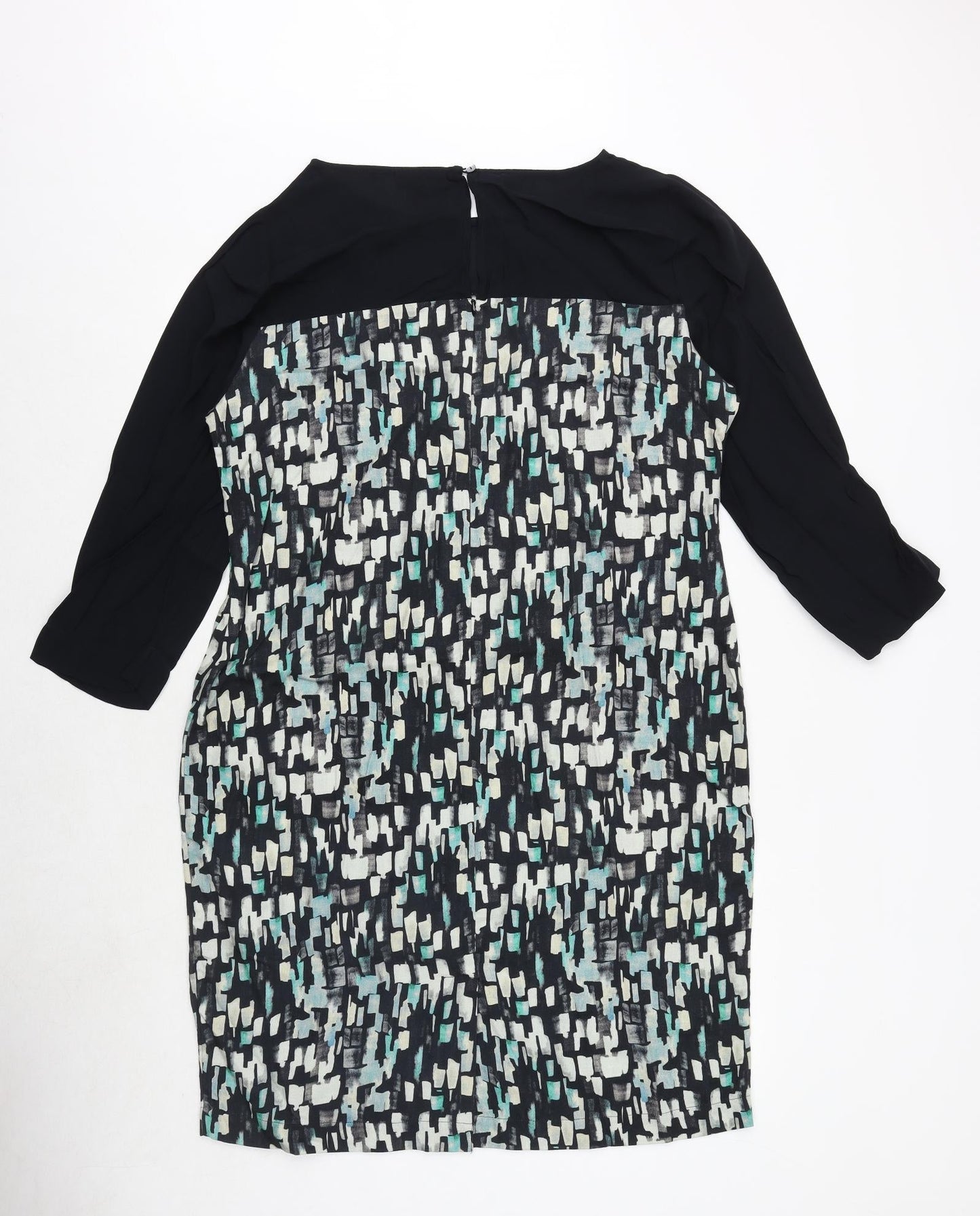 Skyla Womens Black Geometric Polyester A-Line Size L Round Neck Button