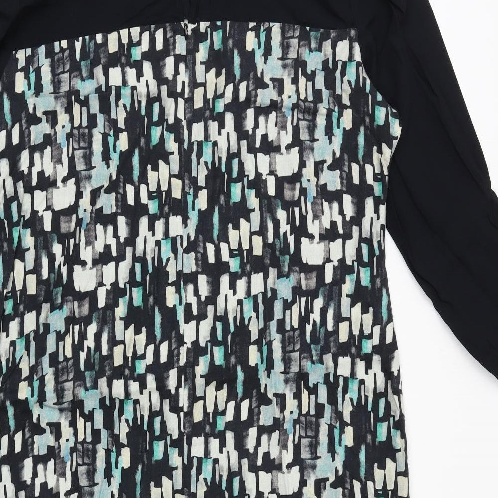 Skyla Womens Black Geometric Polyester A-Line Size L Round Neck Button