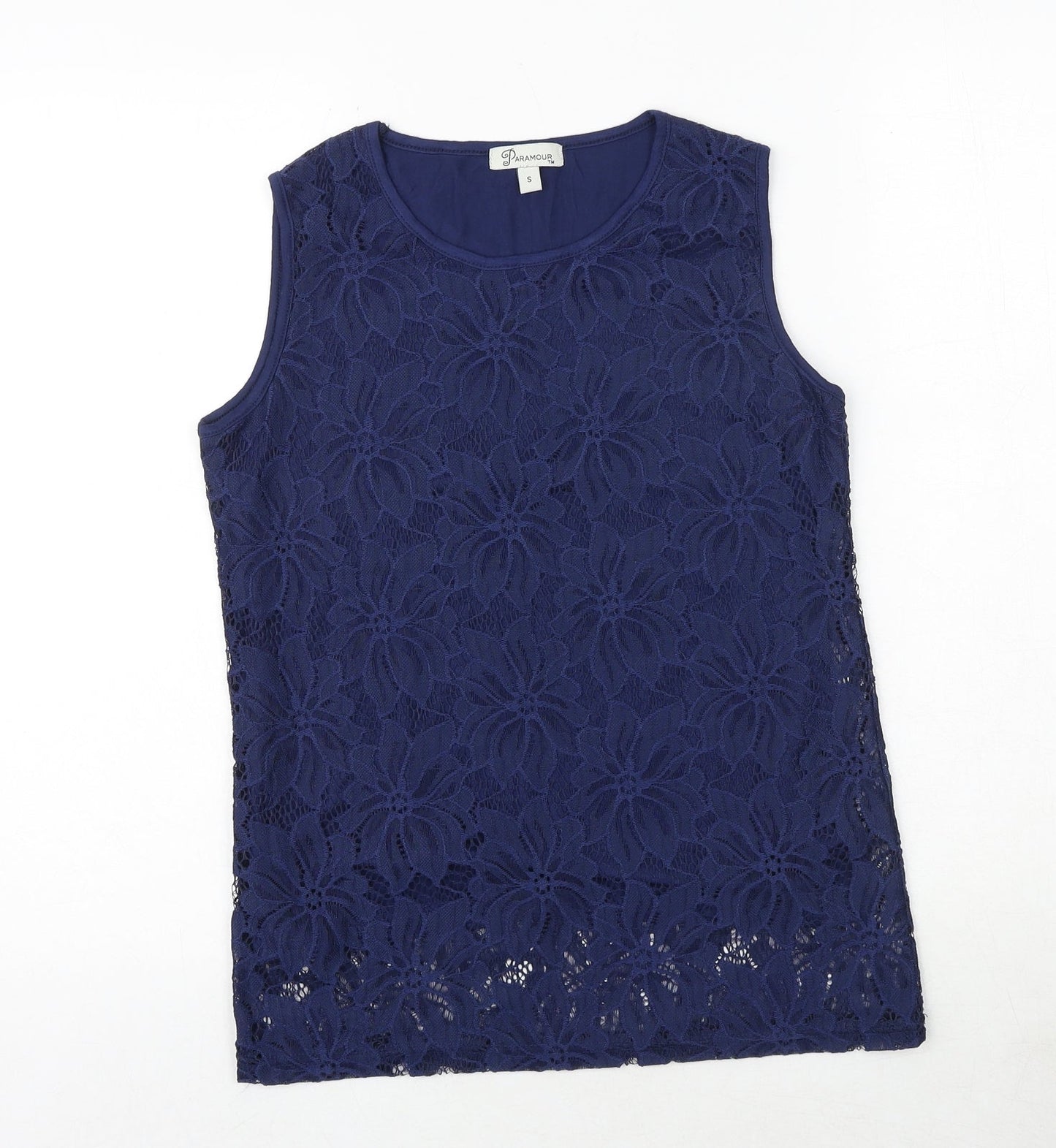 PARAMOUR Womens Blue Floral Polyester Basic Tank Size S Round Neck