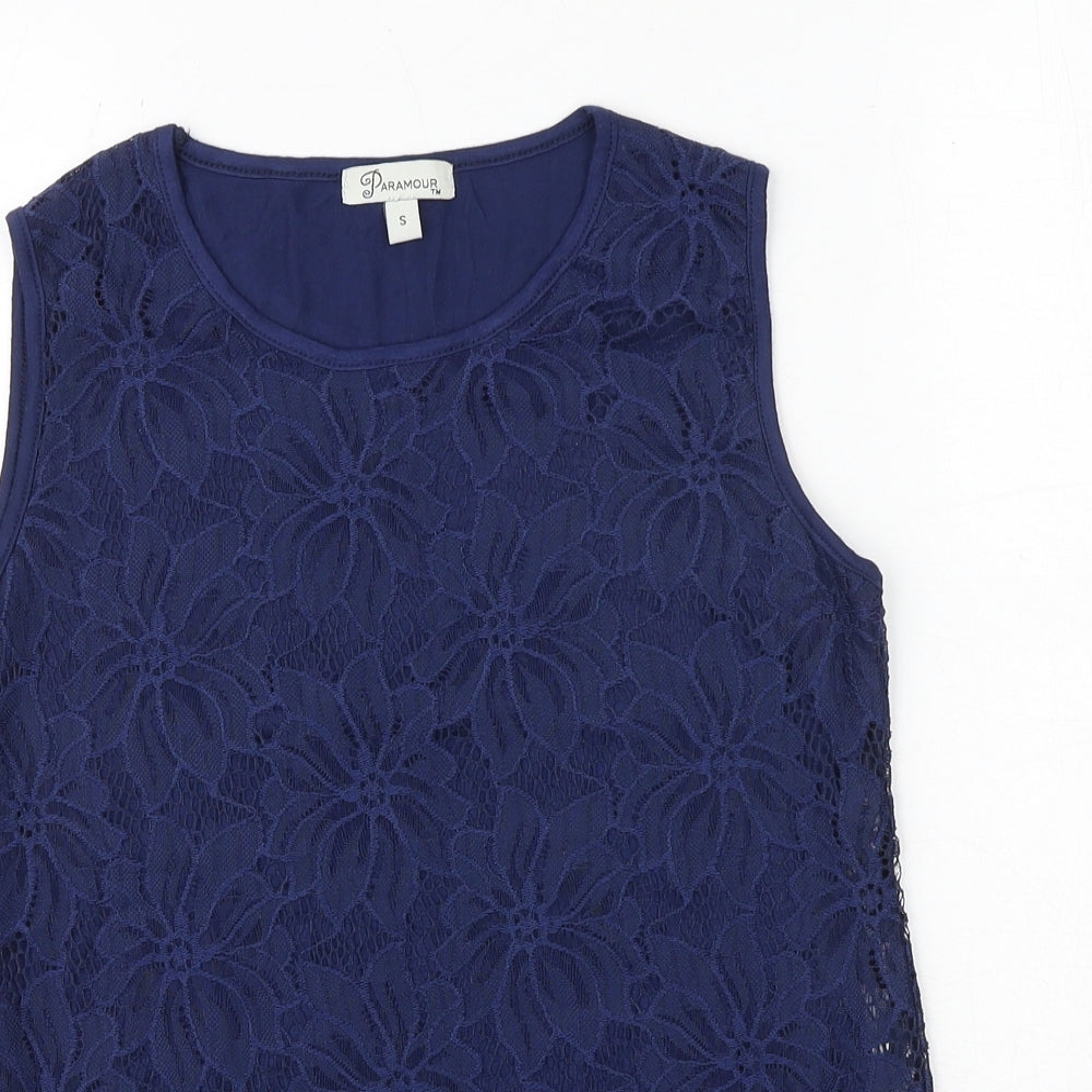 PARAMOUR Womens Blue Floral Polyester Basic Tank Size S Round Neck