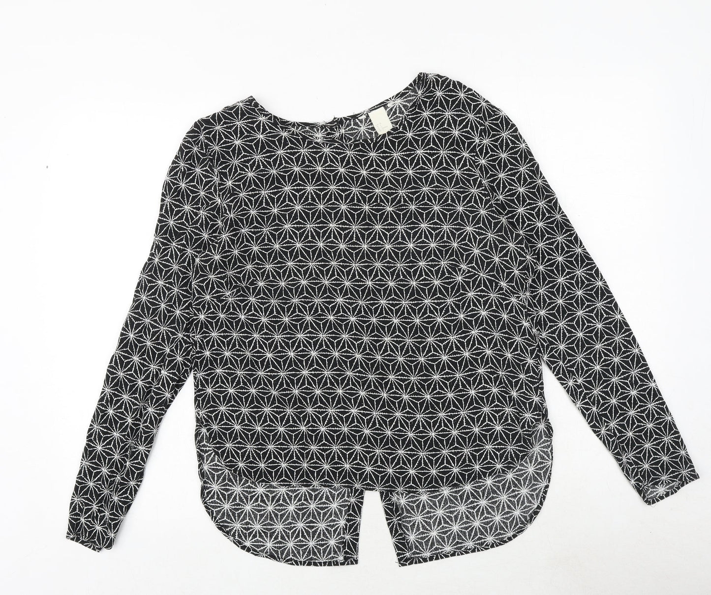 H&M Womens Black Geometric Viscose Basic Blouse Size 8 Round Neck