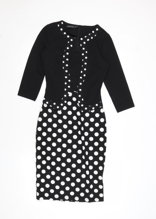 Homeyee Womens Black Polka Dot Polyester A-Line Size 8 Round Neck Zip