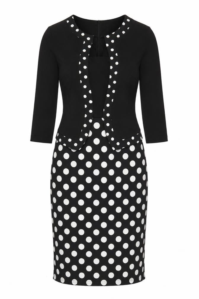 Homeyee Womens Black Polka Dot Polyester A-Line Size 8 Round Neck Zip