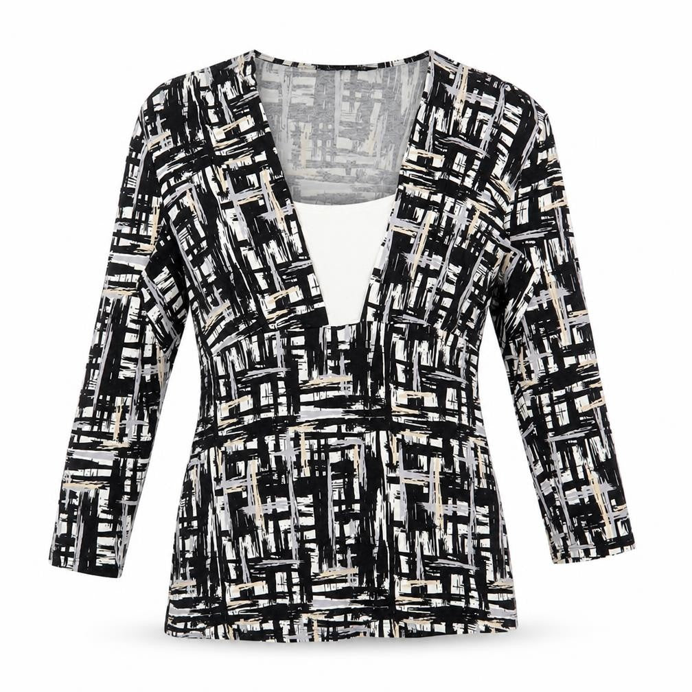 Autograph Womens Black Geometric Viscose Basic Blouse Size 12 Scoop Neck