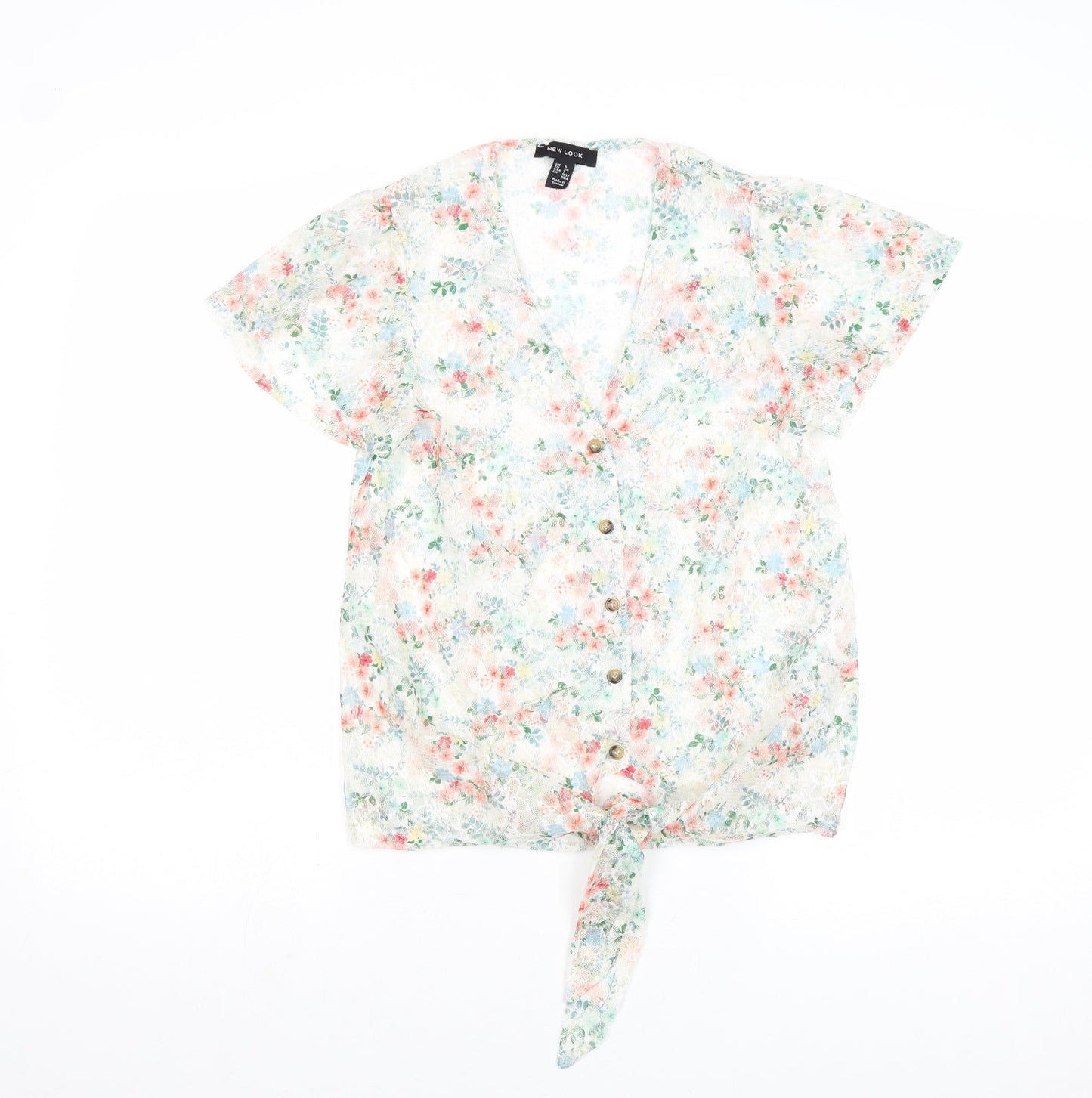 New Look Womens Multicoloured Floral Polyester Basic Button-Up Size 6 V-Neck - Knot Front