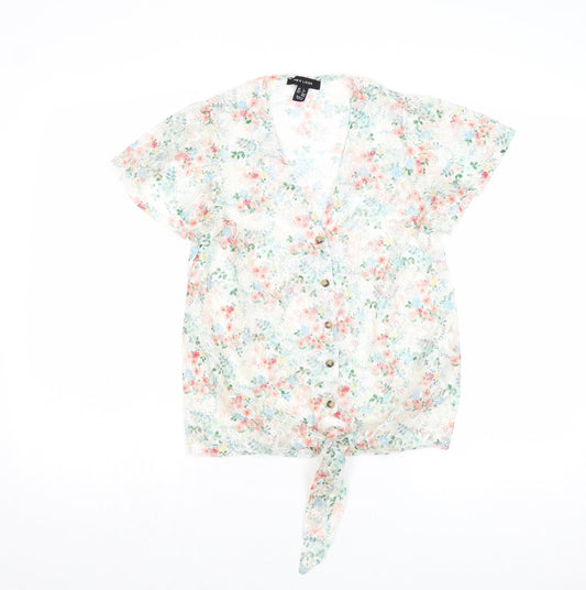 New Look Womens Multicoloured Floral Polyester Basic Button-Up Size 6 V-Neck - Knot Front