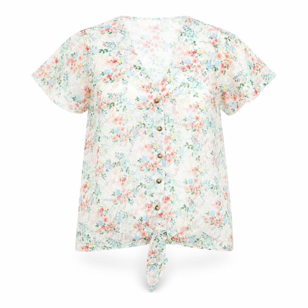 New Look Womens Multicoloured Floral Polyester Basic Button-Up Size 6 V-Neck - Knot Front