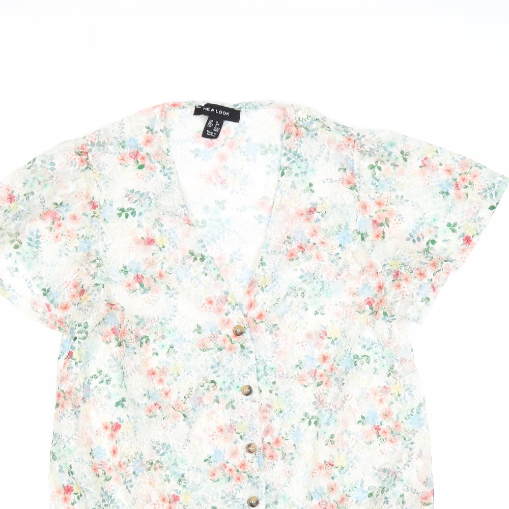 New Look Womens Multicoloured Floral Polyester Basic Button-Up Size 6 V-Neck - Knot Front