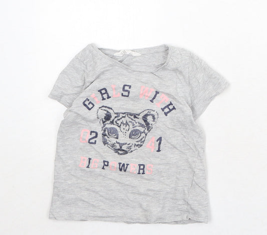 H&M Girls Grey Cotton Basic T-Shirt Size 4-5 Years Round Neck Pullover - Baby Tiger, Size 4-6