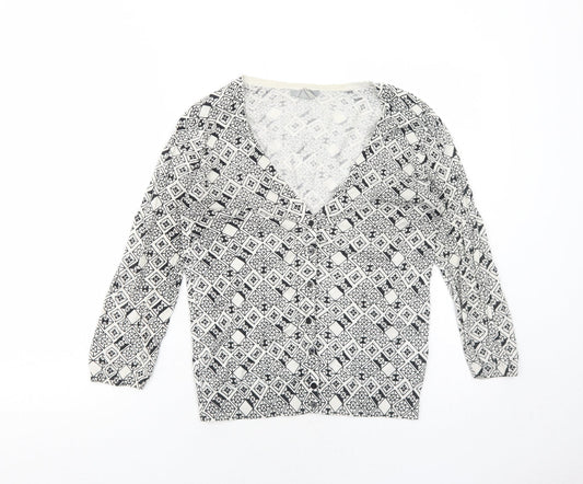 H&M Womens White V-Neck Geometric Cotton Cardigan Jumper Size M