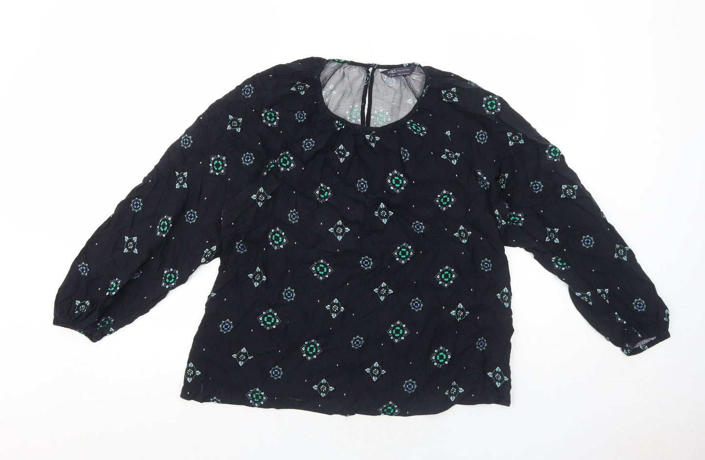 Marks and Spencer Womens Blue Geometric Viscose Basic Blouse Size 16 Round Neck