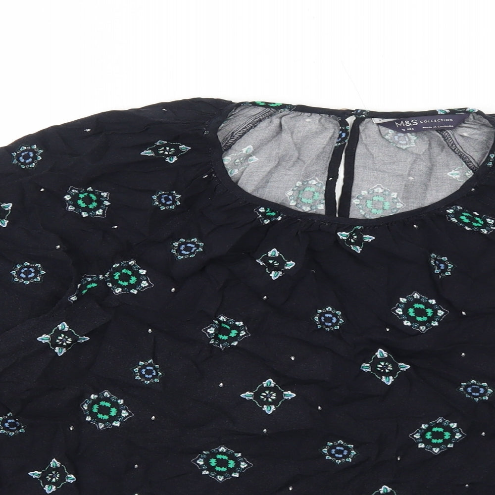 Marks and Spencer Womens Blue Geometric Viscose Basic Blouse Size 16 Round Neck