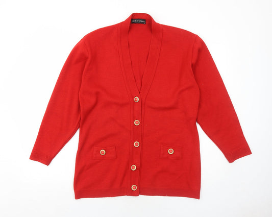 Laura Gribby Womens Red V-Neck Acrylic Cardigan Jumper Size M