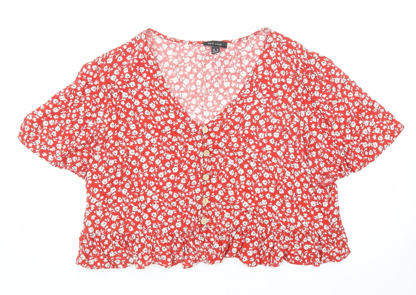 New Look Womens Red Floral Viscose Basic Button-Up Size 16 V-Neck