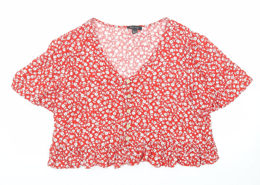 New Look Womens Red Floral Viscose Basic Button-Up Size 16 V-Neck