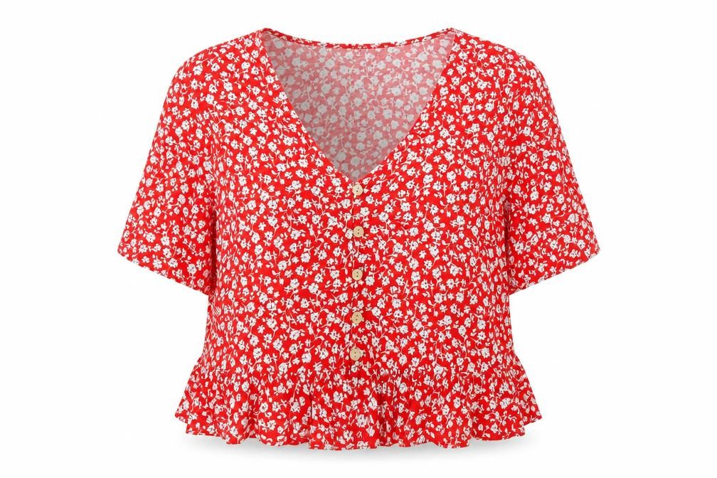 New Look Womens Red Floral Viscose Basic Button-Up Size 16 V-Neck