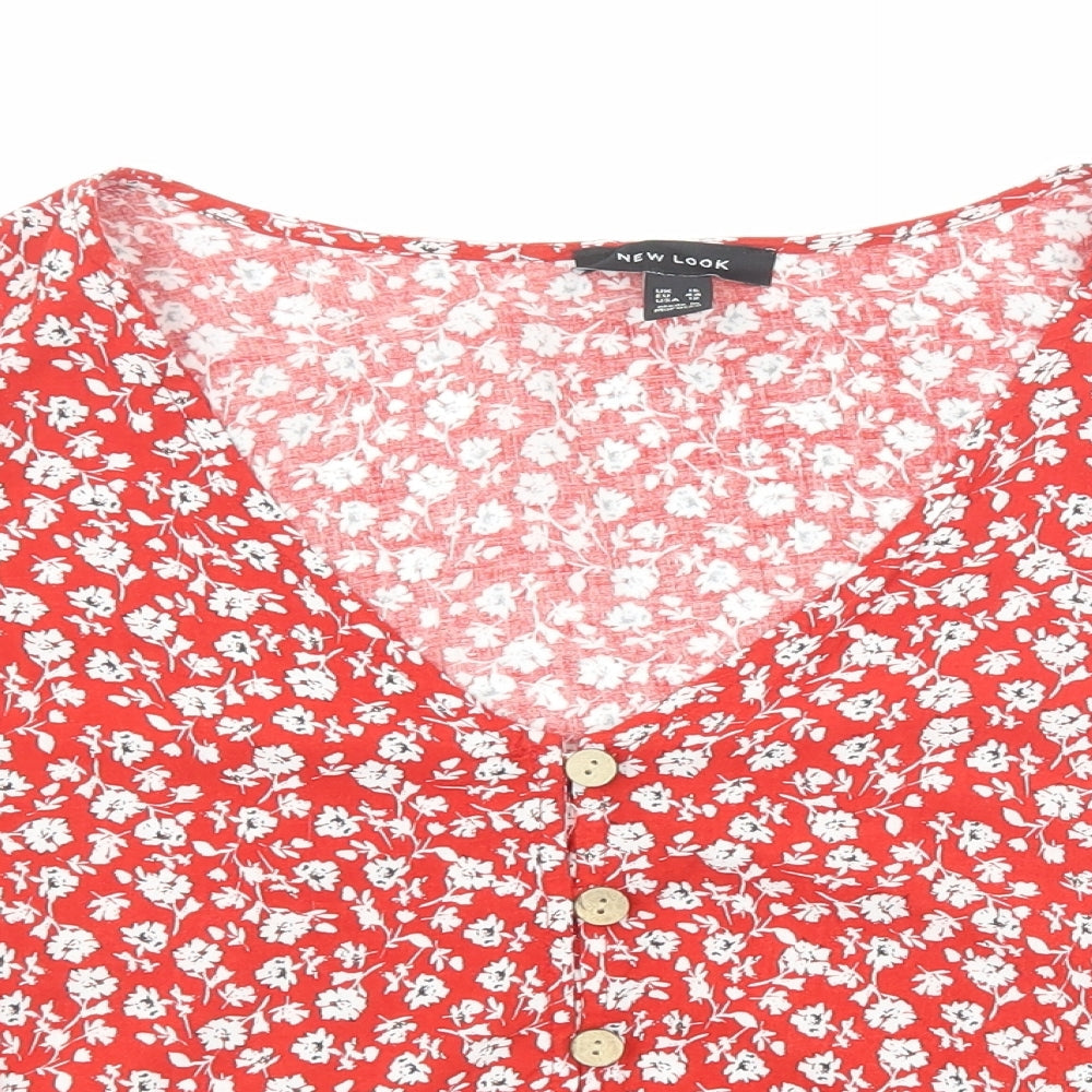 New Look Womens Red Floral Viscose Basic Button-Up Size 16 V-Neck